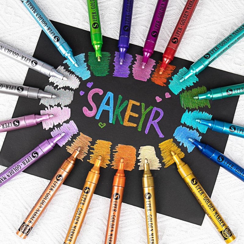 SAKEYR Super Golden Metallic Paint Markers, 18 Colors Sparkle Metallic Glitter Markers, Acrylic Paint Pens for Rock Painting, Glass, Wood, Fabric, Black Paper, Cards, Scrapbook, DIY Art Crafts (2-3mm) - Image 2